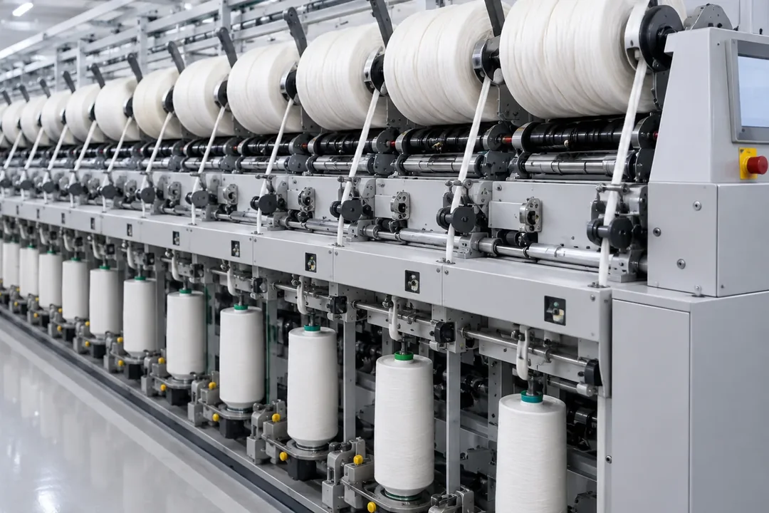 Rows of yarn spools on a textile spinning frame