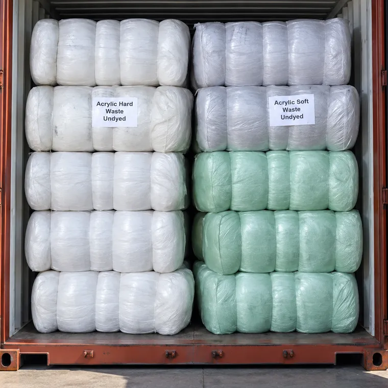 Baled acrylic waste loaded in a container