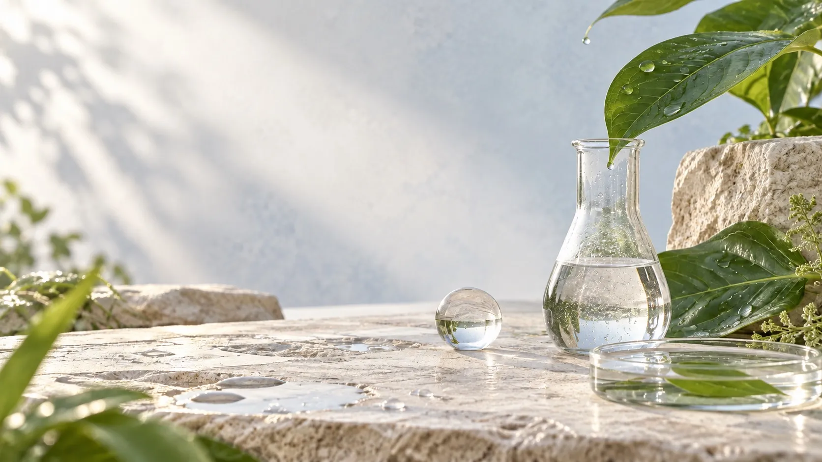 Morning dew, clear laboratory glass and green leaves on pale stone