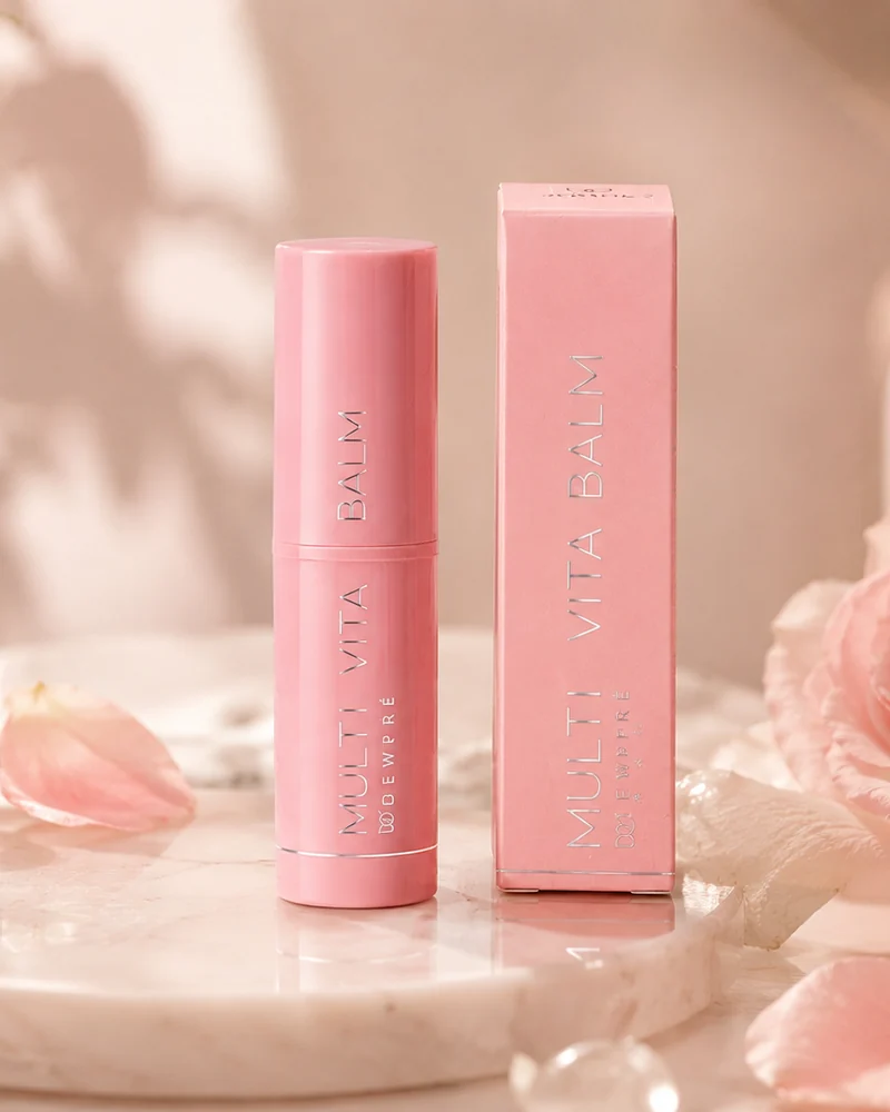 Dewpré Multi Vita Balm and its box on a marble tray