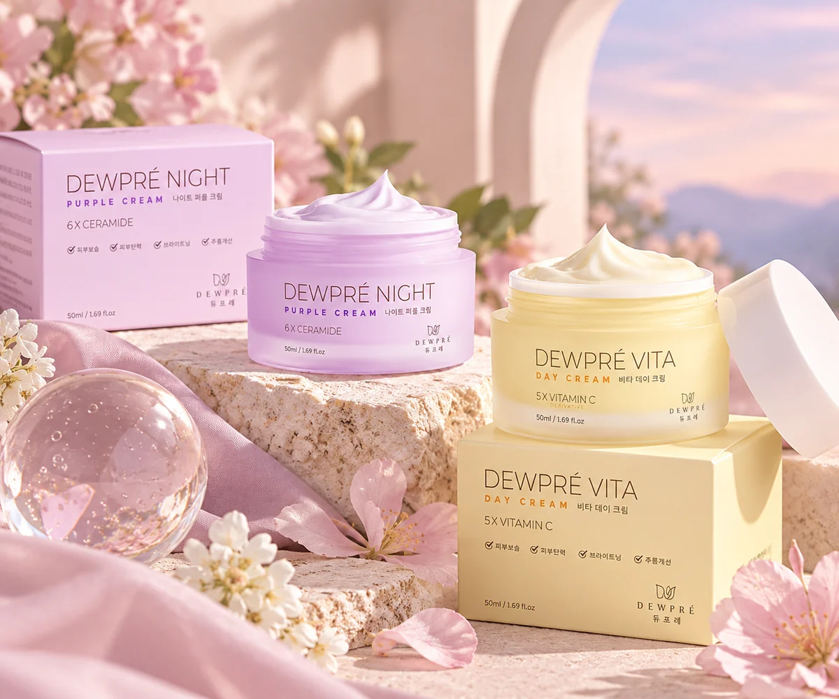 Dewpré Night Purple Cream and Vita Day Cream jars with their boxes on pale stone among blossoms