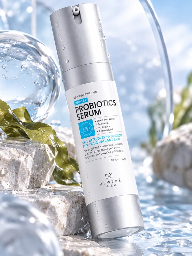 Dewpré Deep Sea Probiotics Serum bottle among water droplets and seaweed