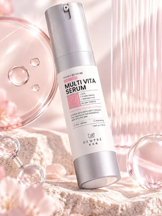 Dewpré Multi Vita Serum bottle on pale stone with petals